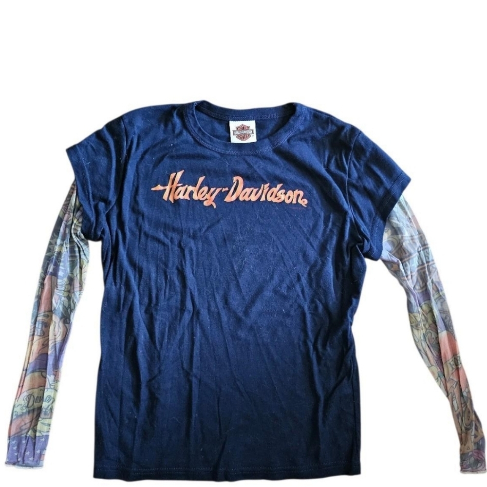 Harley-Davidson Navy Tee with Graphic Tattoo Sleeves